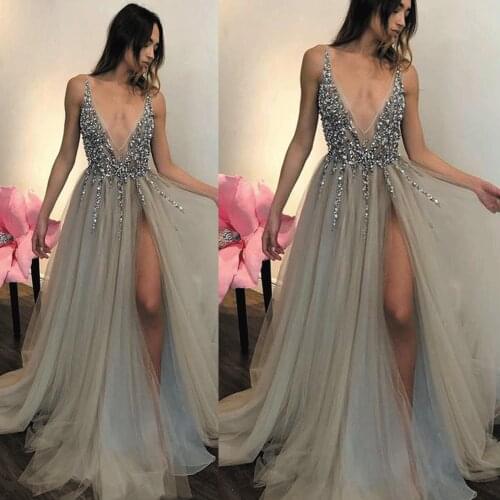 SuperKimJo Deep V Neck Sexy Formal Dresses 2020 Silver Beaded A Line Tulle Prom Dresses with Slit Vestido De Festa De Longo