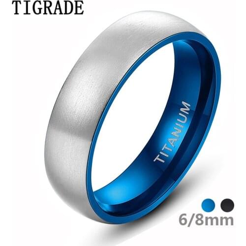 Tigrade 6/8mm Pure Titanium Ring for Man Woman Brushed Silver Color Blue Inside Matte Classic Simple Vintage Engagement Band