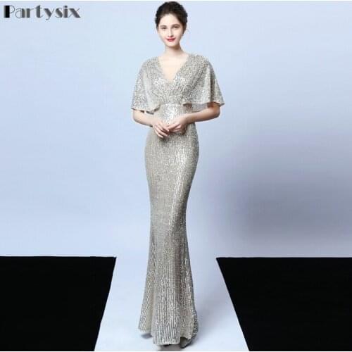 Partysix Evening Dresses Mermaid Short Sleeves Sexy V Neck Evening Gown Elegant Glitter Bat Sleeves Formal Party Dress