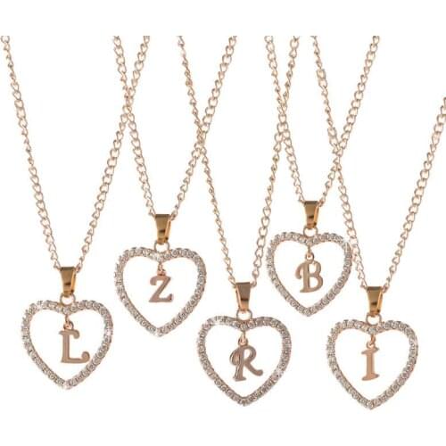 Womens Jewelry First Letter Love Heart Pendant Necklace 26 Letter Zircon Love Heart Golden Necklace Couple Friendship Gift