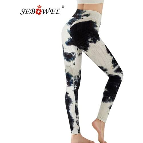 SEBOWEL Womens High Waist Push Up Hip Tight Sports Running Tie-dye Jacquard Bottoming Pants Female Fluorescent Print Pants