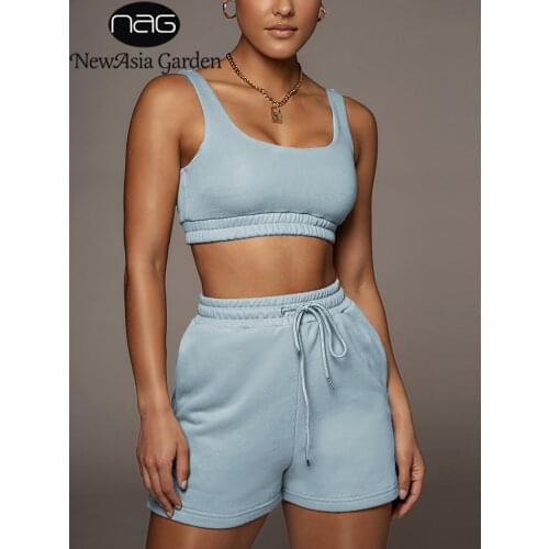 NewAsia 2 Piece Shorts Sets Summer Ruched Elastic Waist Tie up 2 Layer Stretch Tank Top Loungewear Women Casual Tracksuit 2021