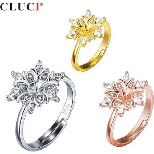 CLUCI 925 Sterling Silver Flower Rose Gold Ring Silver Open Women Rings Silver 925 Zircon Adjustable Rings for Women SR2215SB