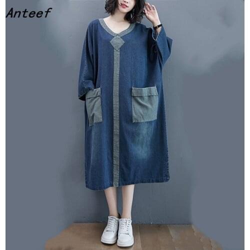 Long sleeve plus size oversized vintage for women casual loose spring autumn denim dress elegant clothes 2021 ladies dresses