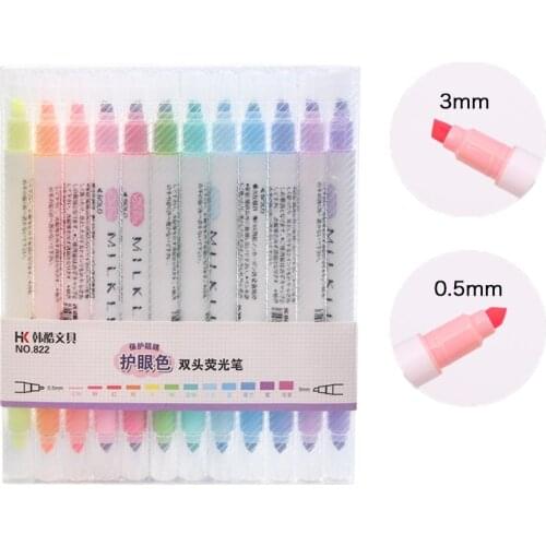 12pcs Milk Liner Pens Set Dual Side Bold Fine Tip Protect Eyes Mild Color Highlighter Marker Drawing Office School A6103