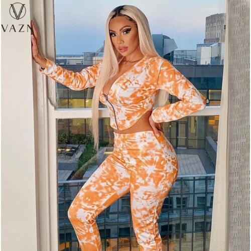 VAZN 2021 Autumn Asymmetrical Sexy Sweet Young Solid Full Sleeve Cloth Top Long Pencil Pants Slim Women 2 Piece Set