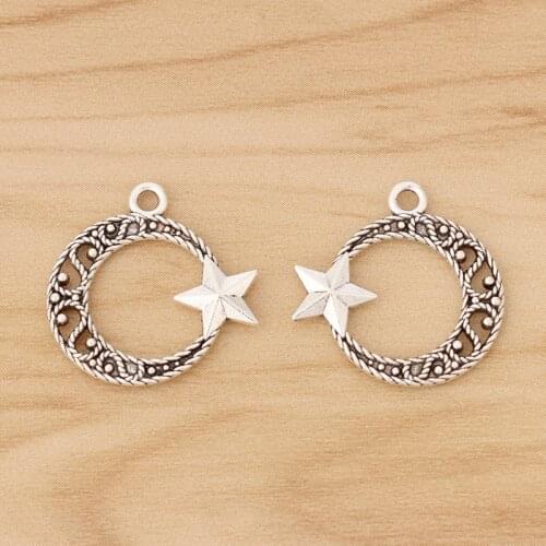 30 Pieces Tibetan Silver Crescent Moon Star Circle Charms Pendants Beads for Necklace Bracelet Earring Jewellery Making
