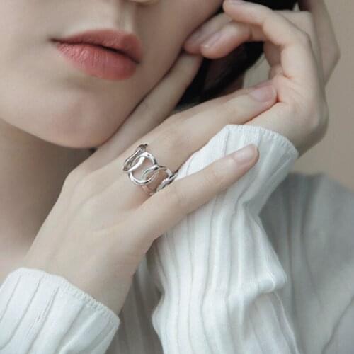 Hollow Chain Interlocking Chunky Stacking Geometric 925 Sterling Silver Adjustable Rings For Women Fashion Trendy Jewelry