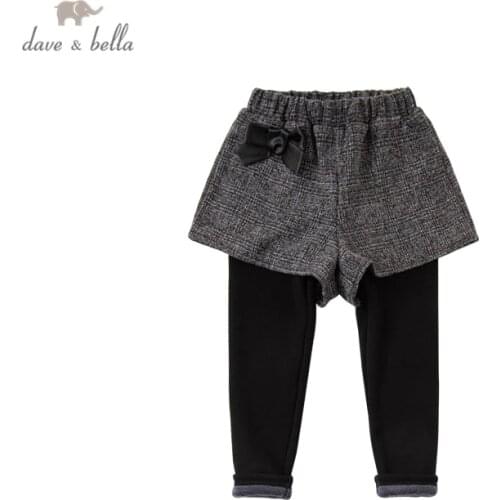 DKH15217 dave bella winter 5Y-13Y kids girls fashion bow solid padded pants children boutique casual full-length pants