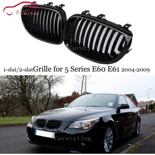 E60 1-slat/ 2-slat Front Bumper Grill for BMW 5 Series E60 E61 525i 530i 2004 - 2009 ABS Carbon Fiber Black Gloss M Color Grille