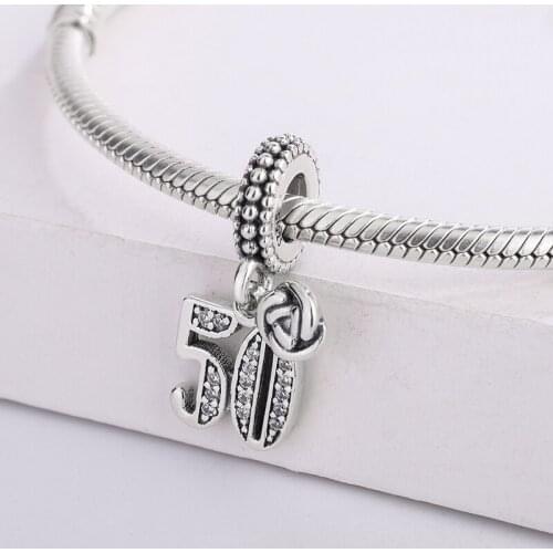 European Style Sale Number Pendant Bead 925 Sterling Silver 50TH Dangle Pendant Charms Bracelet DIY Jewelry Making For Pandora