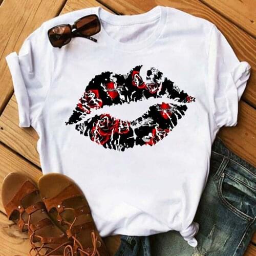 Lip Floral Printed T Shirts Funny Female T-shirt Harajuku Short Sleeves Tshirt Tops Tee Womens Summer Femme T Shirts