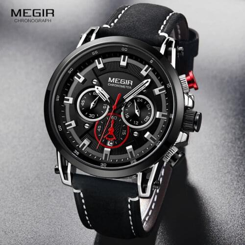 Megir Mens Quartz Watches 24 Hours Display Leather Strap Chronograph Sports Military Wristwatch Man Relogios Clock 2085 Black