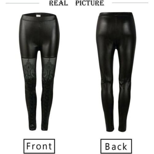 Trendy Women clothes lace Stretchy Faux Leather Skinny Leggings High waist Polyester Pencil Trousers one pieces