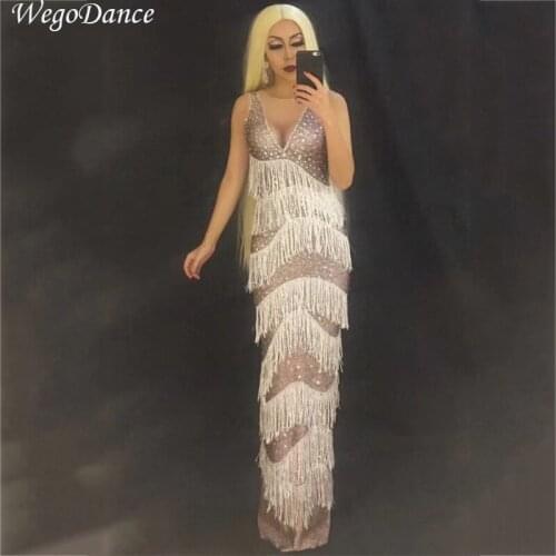 New White Tassel Women Sexy Long Skirt Sparkling Crystals Costume Nightclub Party Singer Dancer Performance Stage Wear