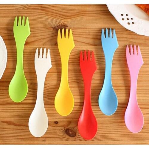 New 300pcs 3 In 1 Plastic Spoon Fork Knife Camping Hiking Utensils Spork Combo Travel Gadget Kitchen Tableware 6 Color