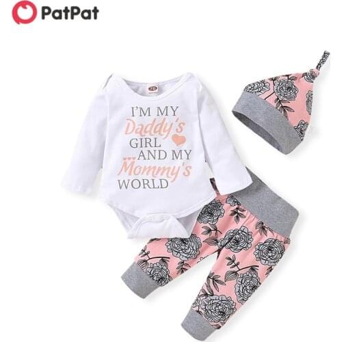 PatPat 2020 New 4-piece Baby Girl Floral Print Long-sleeve Bodysuit and Pants with Hat and Headband Set