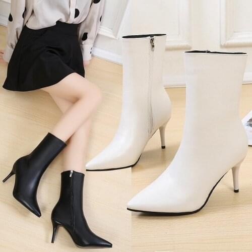 Fall ladies medium calfskin white pointed toe boots high heels fashion boots ladies white boots 2020