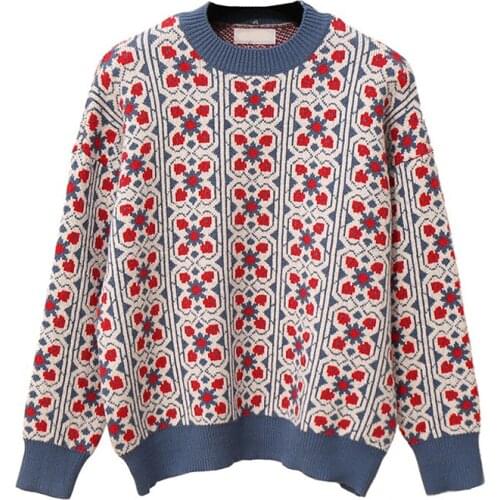 PERHAPS U Women Sweater O Neck Knitted Pullovers Long Sleeve Blue Red White Geometric Loose Winter M0072
