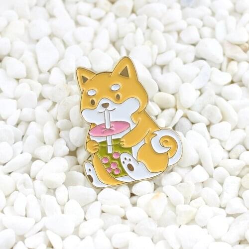 Cute animal puppy drinking pearl milk tea enamel brooch Yellow corgi drink cup Funny badge Sending creative gifts for children