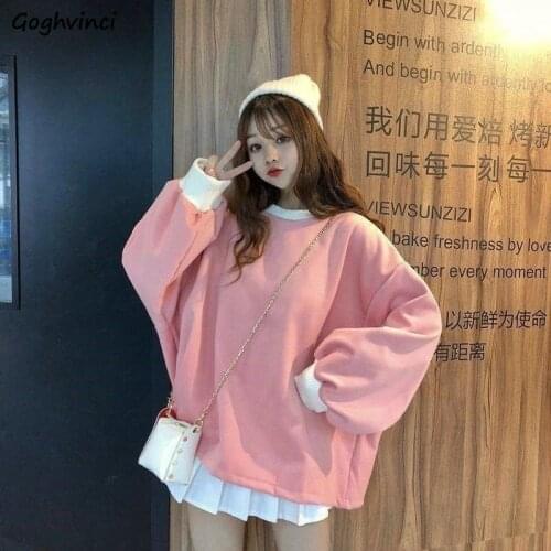 Hoodies Women Pink Hoodie O-neck Solid All Match Womens Pullover Harajuku Clothes Females Thick Comfortable Daily Casual Tops