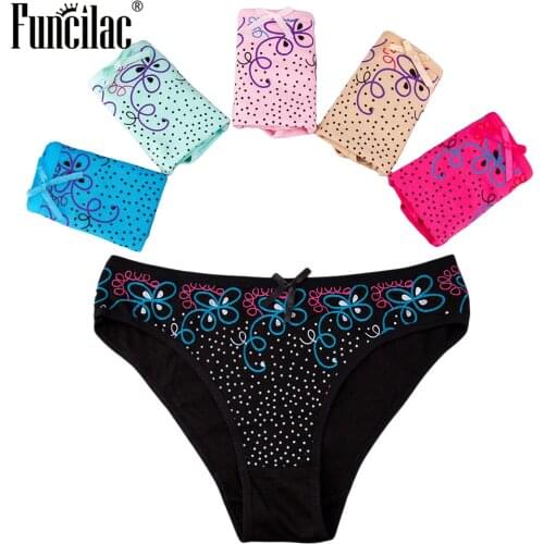 FUNCILAC Women Sexy Panties Cotton Underwear Cute Dots Floral Print Low Waist Girls Ladies Briefs Knickers M L XL 6 Pcs/Lot