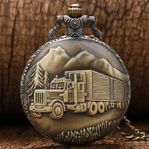 YISUYA Antique Bronze Car Truck Pattern Pendant Arabic Numerals Analog Quartz Pocket Fob Watch With Chain Women Men Gift P445