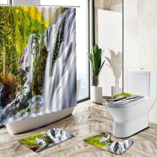 Waterfall Forest Shower Curtain Natural Scenery Bathroom Set Lake Maple Leaf Autumn Landscape Bath Carpet Toilet Cover Floor Mat