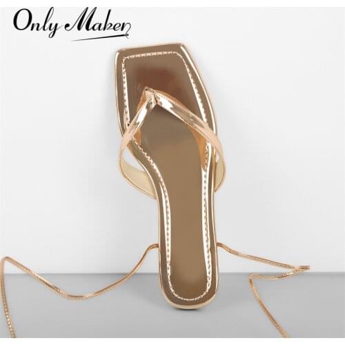 Onlymaker Summer Women Lace-Up Flats Sandals Square Toe Gold Patent Leather Cross Strap Flip Flops Comfortable Large Size Casual