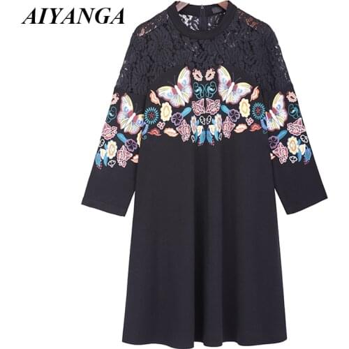 Spring Dress For Women 2019 Female Fall Dresses Loose Print Patchwork Lace Dresses Elegant Plus Size Party Dress Christmas Gift