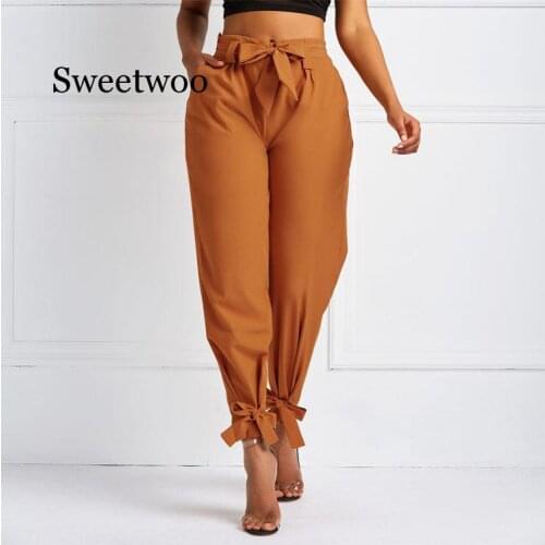 Women Summer Harem Pants with Waist Belt Bowtie Solid Trousers Ladies Casual Fashion Middle Waist Girls Street Fashion Clothing