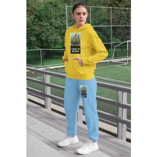 Angemiel Wear I Want To Believe Women Tracksuit Set Yellow Hooded Sweatshirt Blue Sweatpants