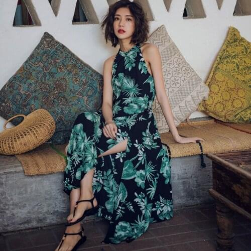 Women New Fashion Bohemian Long Dress Halter Nack Backless Floral High Slit Sexy Maxi Dress Vestidos Mujer Robe Femme Green 2019