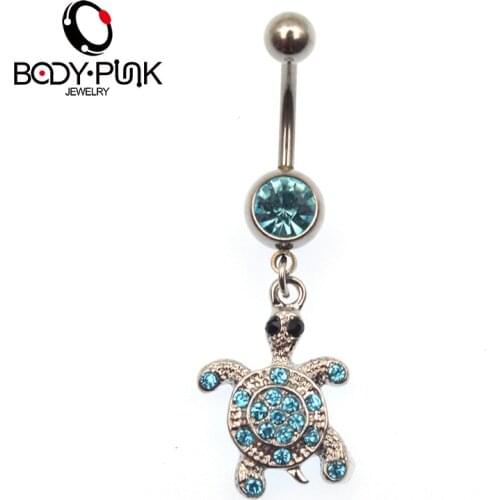 BODY PUNK Sexy Blue CZ Tortoise Dangle Belly Button Rings Stainless Steel Navel Rings Women Body Piercing Jewelry NR 050