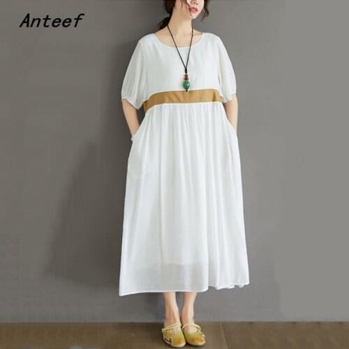 Short sleeve cotton linen vintage women casual loose long summer dress elegant clothes 2021 ladies dresses sundress