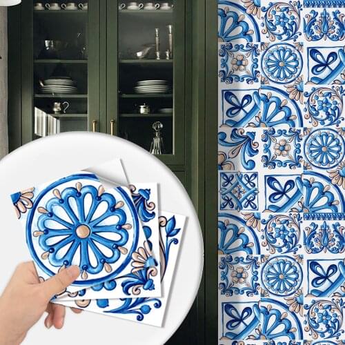 10pcs/set Blue Floral Matte Surface Wall Sticker Waterproof Tile Decoration Film For Tiles /Ground in Kitchen Tables Wallpaper