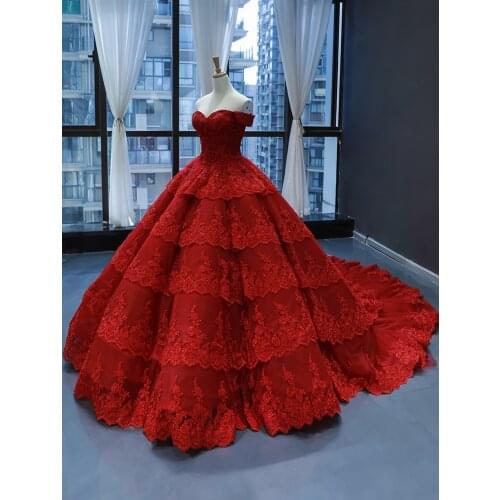 2021Red Wedding Bride Dress Ball Gown Luxury Lace Strapless Sleeveless Zipper Tiered Female Temperament Cake Layer