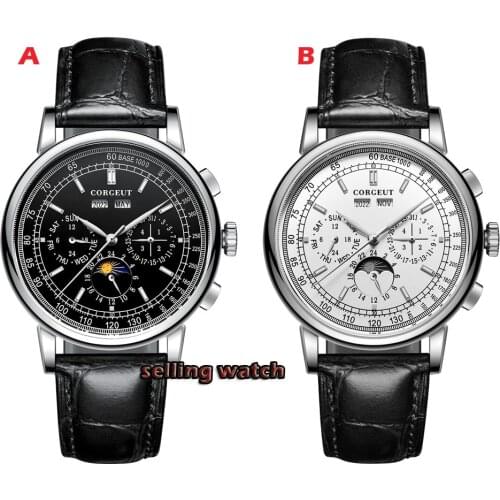 42mm Corgeut mechanical wristwatches moon Phase Silver Year Day Month Week Automatic watch men