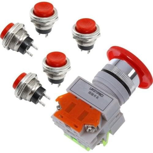 5 Pcs SPDT Red Round Momentary Push Button Switch 3A 125V 1.5A 250VAC & 1x 600V 10A Off Switch Emergency Switch