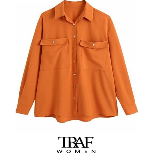 TRAF Za Women Fashion With Pockets Oversized Blouses Vintage Long Sleeve Button-up Female Shirts Blusas Chic Tops