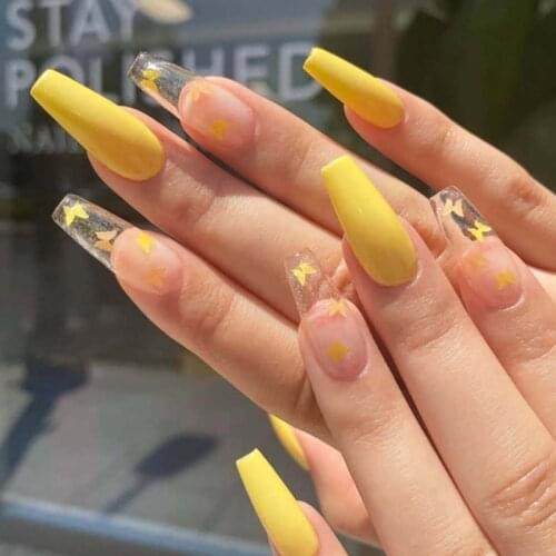 24pcs/Set Long Ballerina Full Cover Artificial False Nail Tips Fake Nails Yellow Butterfly Pattern Square Nail Decal False Nails