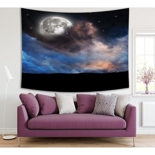 Tapestry Cloudy Night Sky with Full Super Moon and Stars Dramatic Nature Landscape Dark Blue Black Picture Printed