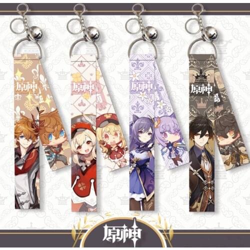 Hot Genshin Impact Keychain Game Characters Bells Ribbon Streamer Bag Pendant Key Chain Diluc Car Key Ring Trinket Gift Jewelry