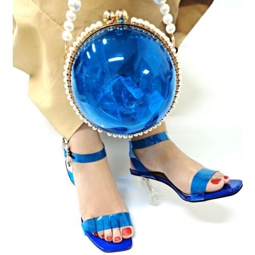 Italian Design Lastest Fashion Noble Luxury Style Women Shoes and Bag Set Decorated With Rhinestone in Blue Color for Party