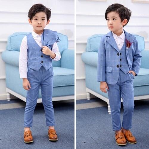 Boys Plaid 3pcs Dress Suit Set Childrens Wedding Party Performance Host Costumes Kid Blazer Vest Pants Clothing Set