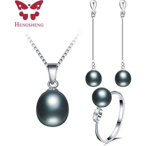 Women Simple 925 Sterling Silver Black Necklace Earrings and Ring Set For Birthday Gift, 7-8mm Drop Shape Fine Jewelry Sets 2021