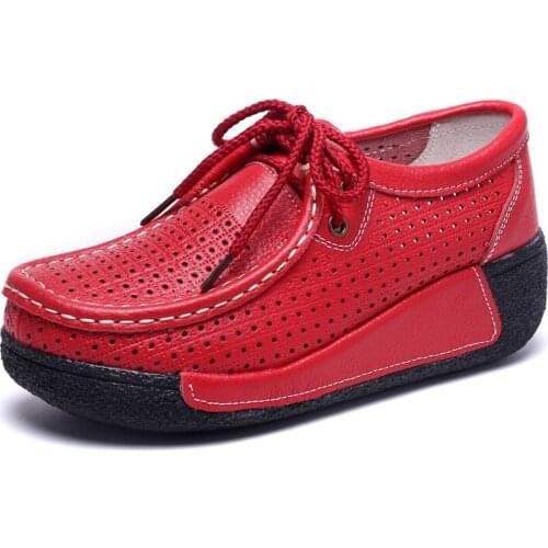 Genuine Leather Women Platform Summer Hollow Sneakers Lace Up Flats Swing Shoes Shallow Ladies Casual Footwear Height Increasing