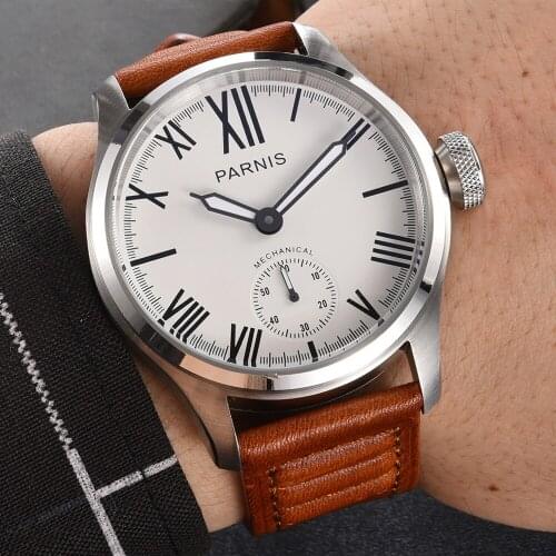46mm parnis white dial 6498 movement hand winding mechanical mens luxury watch