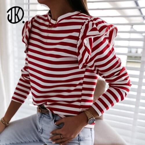 Fashion Women Ruffles Striped T Shirt Autumn Long Sleeved Tops Casual Round Neck Stylish T-shirt For Ladies 2021 Base Streetwear