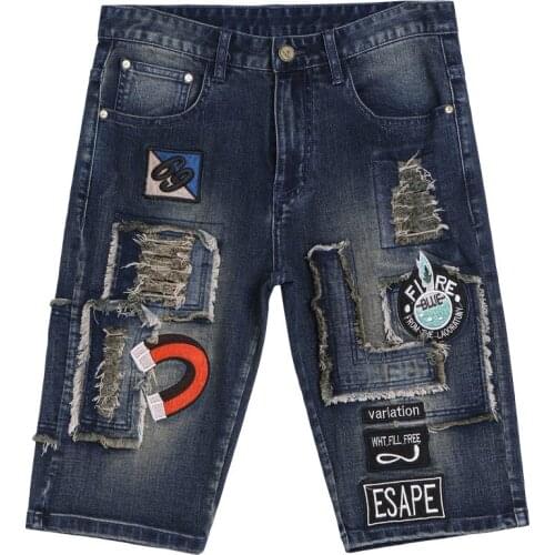 ABOORUN 2021 Mens Summer Denim Shorts Letters Embroidery Ripped Jean Shorts Brand Short Pants for Male